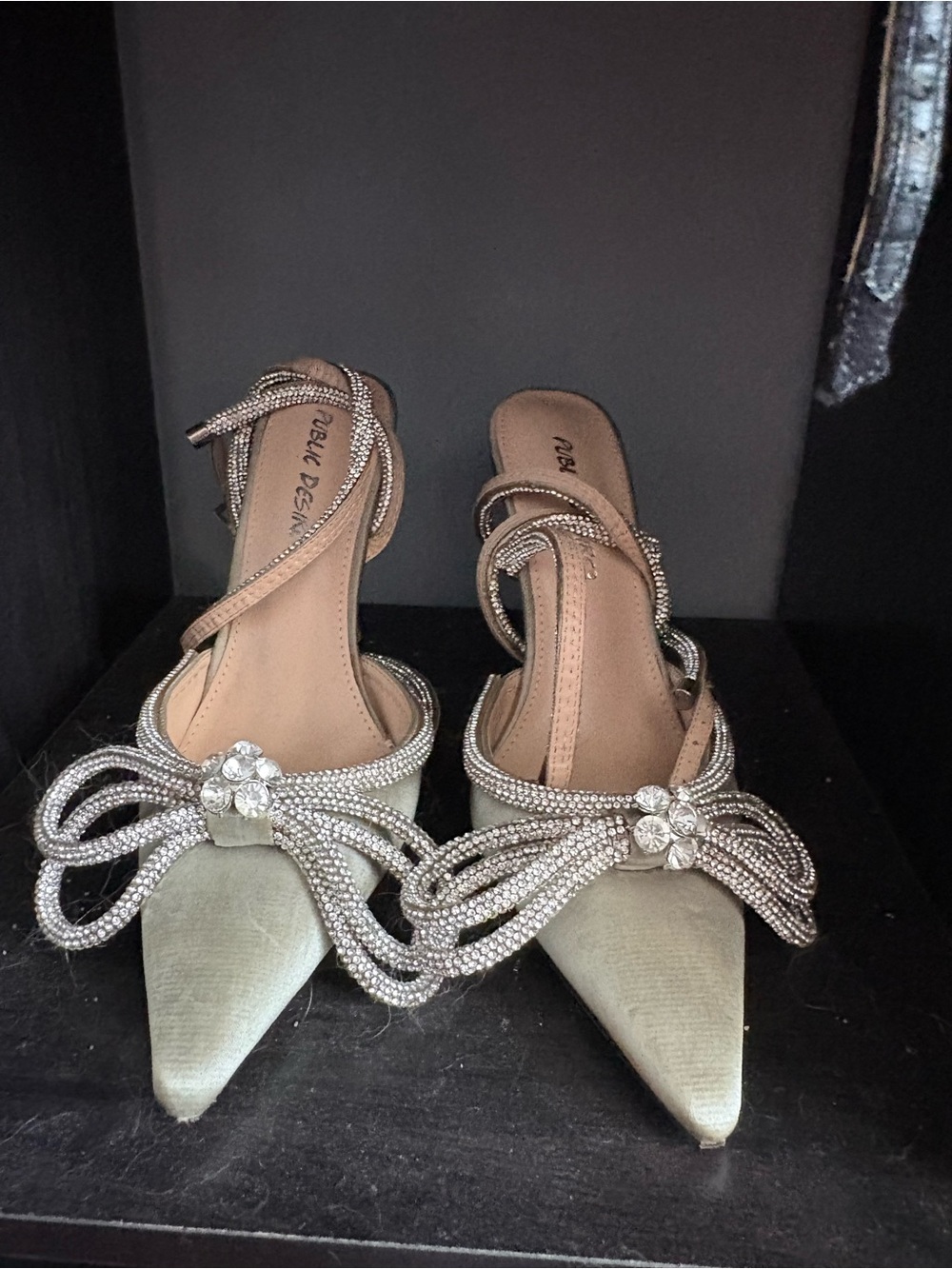 Embellished Satin Pointed-Toe Slingback Heels in Sage